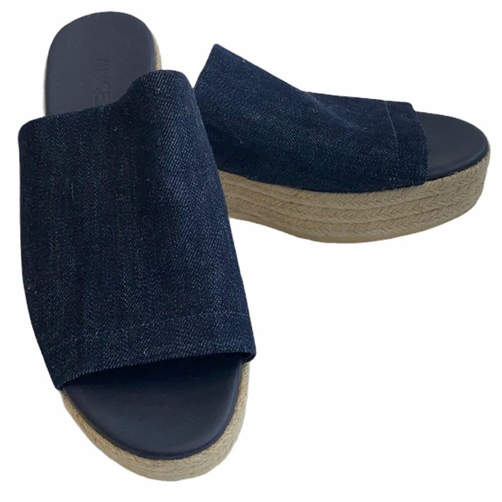 Vince Dark Blue Denim Espadrille Slide Wedges